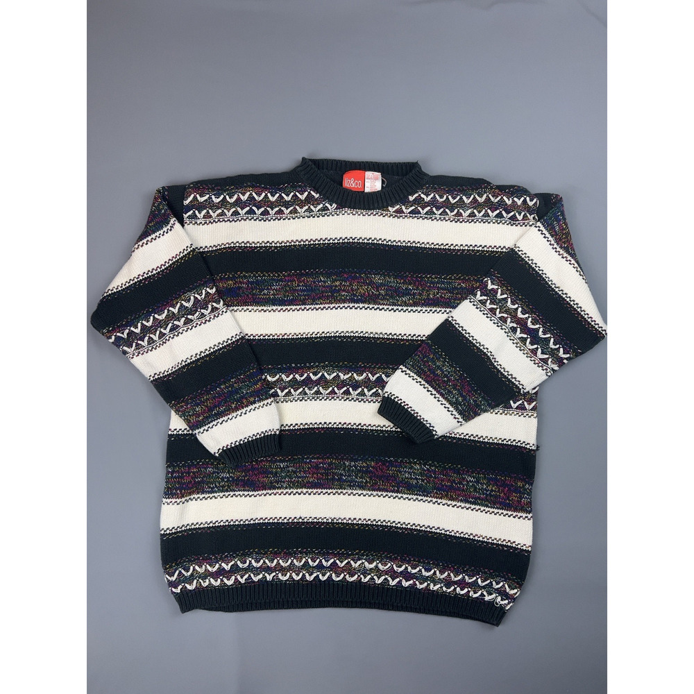 Liz & Co Vintage Striped Sweater Black White Knit Cotton Blend Size M